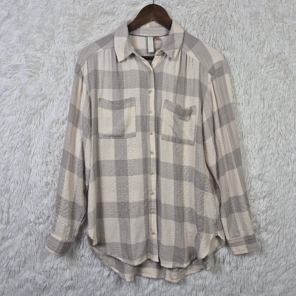Pilcro Anthropologie Grey Plaid Button Down Shirt Womens S Textured Long Sleev